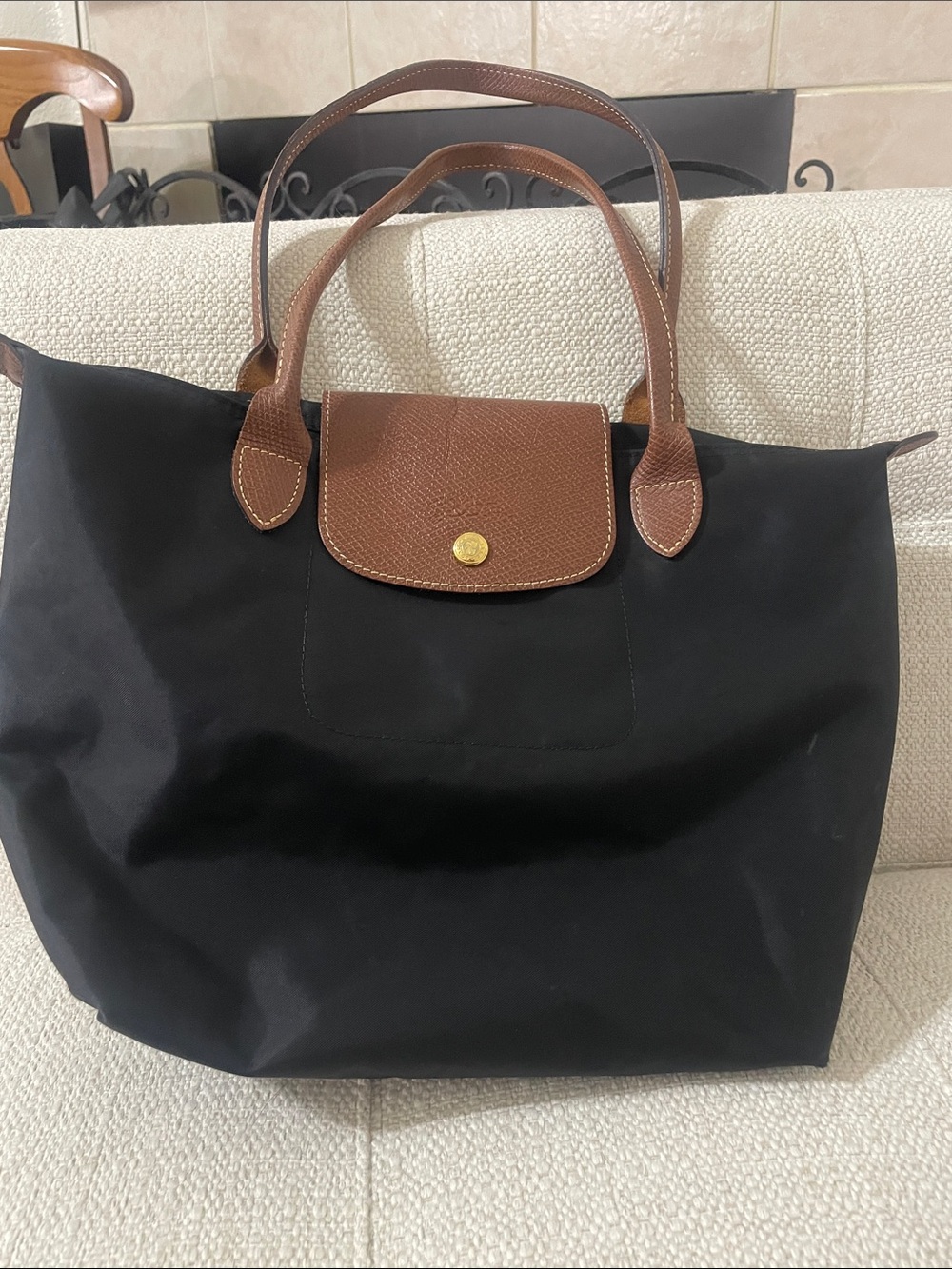 Longchamp Black Nylon Tote with Brown Leather Trim and Handles - Picture 9 of 10